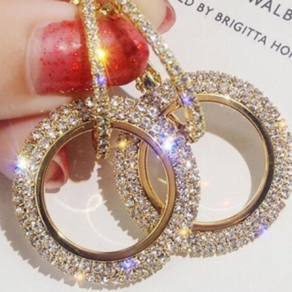 Glam Gold Pave Double Hoop Crystal Midi Earrings - Picture 1 of 3